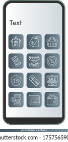 text icon set. included handshake, online shop, sale, shirt, wallet, like, price tag, discount, barcode, shopping basket, trolley icons on phone design background . linear styles.