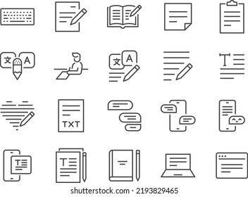 Text icon set. Included the icons as  Write Review, Creative Article Writing, Internet Content Editing , and more.