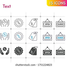 text icon set. included price tag, discount, closed, open icons on white background. linear, bicolor, filled styles.