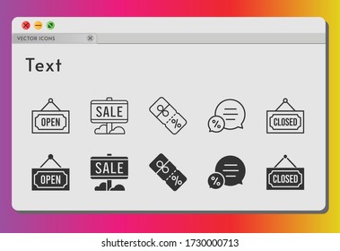 text icon set. included sale, chat, discount, closed, open icons on white background. linear, filled styles.