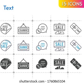 text icon set. included sale, chat, closed, discount icons on white background. linear, bicolor, filled styles.