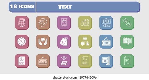 text icon set. included sale, ereader, pdf, books, school, book, price tag, doc, closed, discount, enter, open, icons on white background. linear, filled styles.