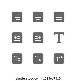 Text icon set including align right, center, justify, indent, editor, font, typography, text, subscript