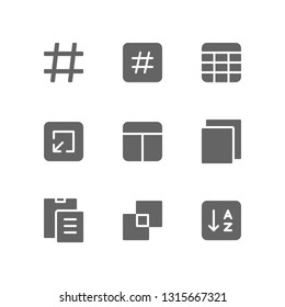 Text icon set including hashtag, column, table, minimize, layout, grid, copy, paste, merge, sort, list