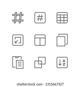 Text icon set including hashtag, column, table, minimize, layout, grid, copy, paste, merge, sort, list