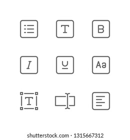 Text icon set including list, label, bold, text, italic, underline, capital letter, font, type, input, align left