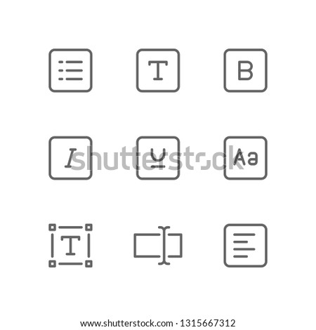 Text icon set including list, label, bold, text, italic, underline, capital letter, font, type, input, align left