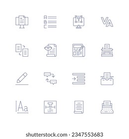 Text icon set. Thin line icon. Editable stroke. Containing blog, list, laptop, tracking, copy, proof reading, newspaper, typewriter, edit text, sequence, right indent, font, text, speech.