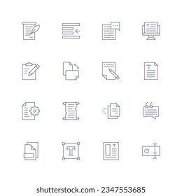 Text icon set. Thin line icon. Editable stroke. Containing announcement, left indent, chat, text, clipboard, orientation, copywriting, text file, document, scroll, file, validation, files.