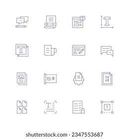 Text icon set. Thin line icon. Editable stroke. Containing answer, letter, chat box, text, color, paper, copywriting, text message, document, scroll, file, vertical, files, guest list, text box.