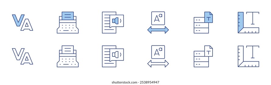 Text icon set in two styles, Duotone and Thin Line style. Editable stroke. font, text, size, tracking, typewriter, text to speech.