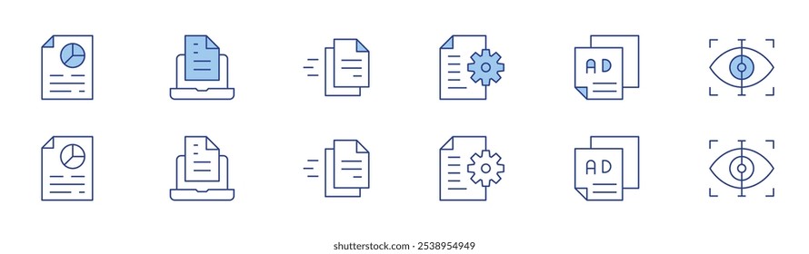 Text icon set in two styles, Duotone and Thin Line style. Editable stroke. analysis, document, leaflet, scan, file.