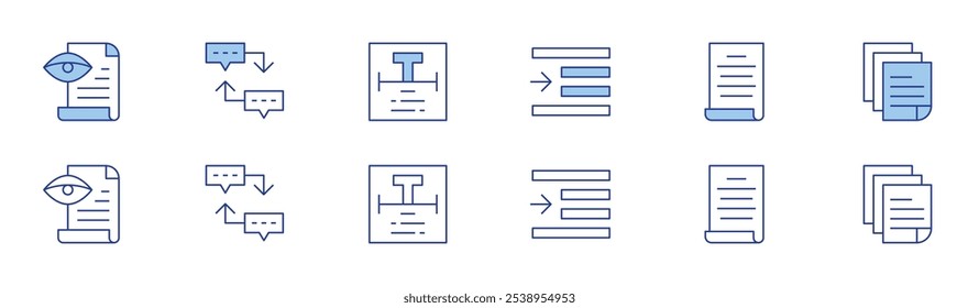 Ícone de texto definido em dois estilos, Duotônico e Linha fina. Traçado editável. leitura de prova, sequência, texto, recuo à direita, fala, planilha.