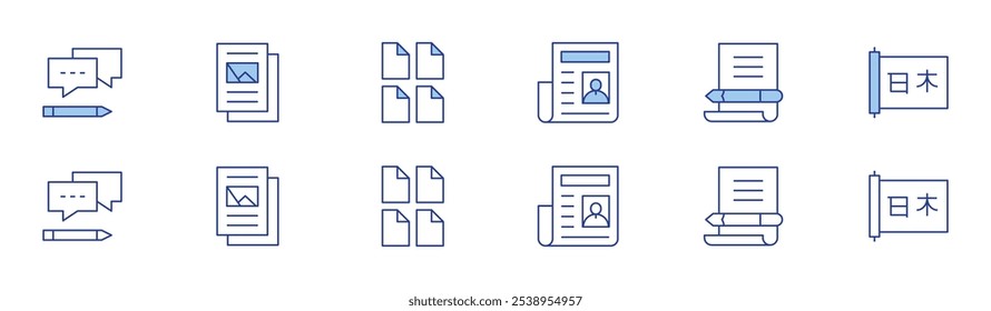 Text icon set in two styles, Duotone and Thin Line style. Editable stroke. newspaper, letter, scroll, answer, document, files.