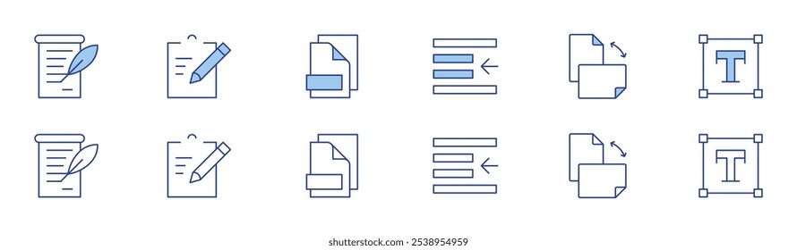 Ícone de texto definido em dois estilos, Duotônico e Linha fina. Traçado editável. anúncio, área de transferência, arquivos, recuo à esquerda, orientação, texto.