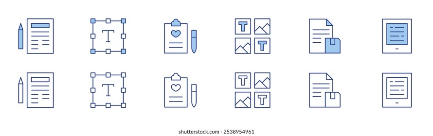 Text icon set in two styles, Duotone and Thin Line style. Editable stroke. sheet, text, writing, layout, save, tablet.