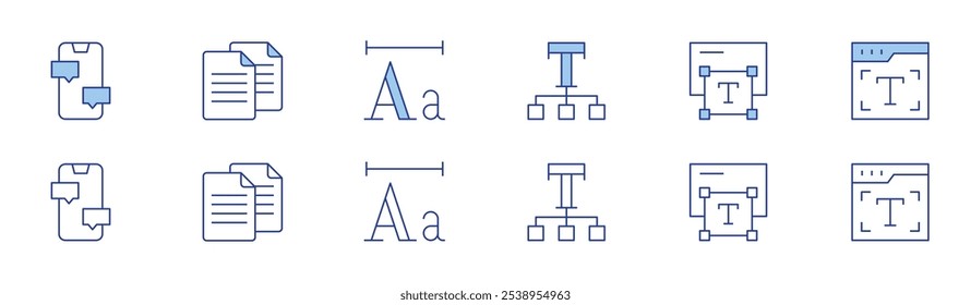 Ícone de texto definido em dois estilos, Duotônico e Linha fina. Traço editável. bate-papo, cópia, fonte, texto, editor de texto, tipografia.
