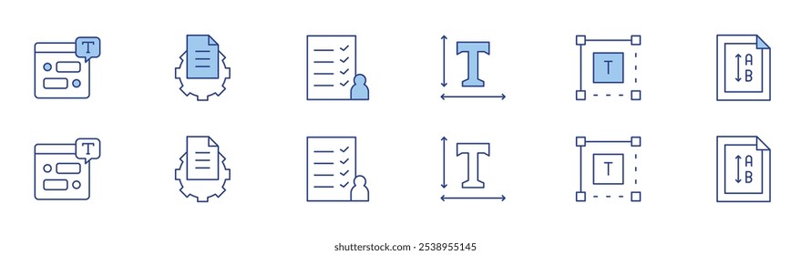 Ícone de texto definido em dois estilos, Duotônico e Linha fina. Traçado editável. texto, caixa de texto, vertical, caixa de chat, arquivo, lista de convidados.