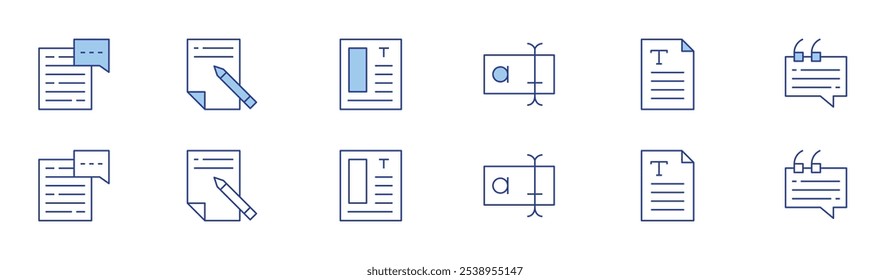 Text icon set in two styles, Duotone and Thin Line style. Editable stroke. text box, text file, validation, chat, copywriting, graphic design.