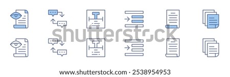 Text icon set in two styles, Duotone and Thin Line style. Editable stroke. proof reading, sequence, text, right indent, speech, sheet.