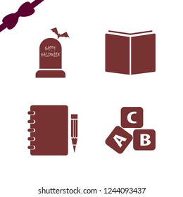 text icon. text vector icons set open book, happy halloween, notebook pencil and abc cubes