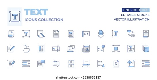 Text icons collection. Line Duotone style, editable stroke. newspaper, letter, answer, files, text box, validation, chat, graphic design, announcement, clipboard, left indent, orientation.