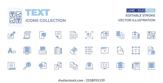 Coleção de ícones de texto. Estilo Duotônico da linha, traçado editável. lista, selecionar, texto, texto para fala, rascunho, lista de desejos, teclado, mensagem, espaçamento entre linhas, white paper, fonte, papel, escrita.