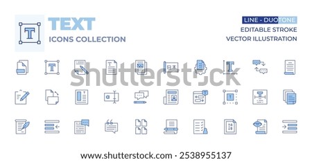 Text icons collection. Line Duotone style, editable stroke. newspaper, letter, answer, files, text box, validation, chat, graphic design, announcement, clipboard, left indent, orientation.