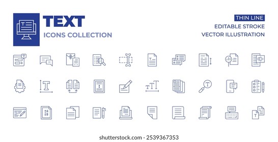 Text icons collection. Thin Line icons, editable stroke. archive, compare, line spacing, paper, text, text size, vertical, white paper, copywriting, file, writing.