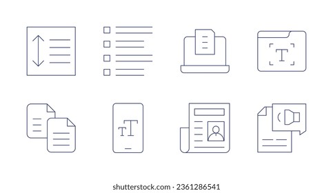 Text icons. editable stroke. Containing between, copy, list, phone, text, text to speech, laptop, newspaper.