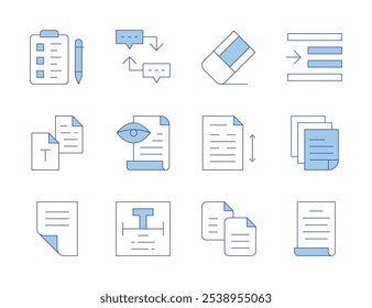 Ícones de texto. Estilo Duotônico de linha, traçado editável. leitura de prova, sequência, texto, recuo à direita, fala, planilha, cópia, rascunho, lista de desejos, espaçamento entre linhas, papel branco.