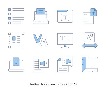 Text icons. Line Duotone style, editable stroke. font, text, size, tracking, typewriter, text to speech, list, select, text editor, laptop.