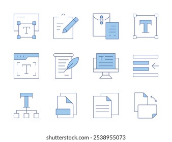 Ícones de texto. Estilo Duotônico da Linha, traçado editável. arquivo, documento, texto, anúncio, área de transferência, arquivos, recuo à esquerda, orientação, editor de texto, tipografia.