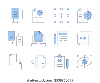 Text icons. Line Duotone style, editable stroke. analysis, document, leaflet, scan, file, sheet, text, writing, blog, copy, orientation.