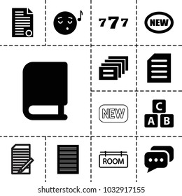 Text icons. set of 13 editable filled and outline text icons such as abc cube, new, emoji listening music, message, document, book, room tag