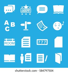 text icons set. Set of 16 text filled icons such as 7 number, Jackpot, emoji listening music, document, chat, room tag, direction, man and document, message, book, ABC
