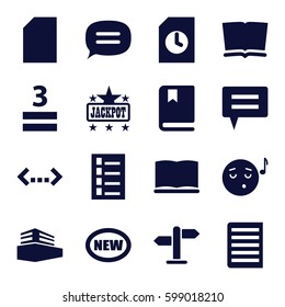 text icons set. Set of 16 text filled icons such as document, Jackpot, emoji listening music, 3 allowed, documents box, book, chat, direction, paper, new