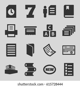 Text icons set. set of 16 text filled icons such as ABC cube, document, 7 number, documents box, printer, book, man and document, message