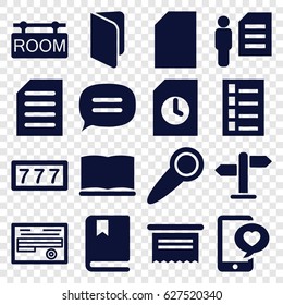 Text icons set. set of 16 text filled icons such as document, 7 number, phone with heart, book, chat, room tag, door knob, direction, man and document