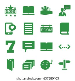 Text icons set. set of 16 text filled icons such as 7 number, jackpot, emoji listening music, phone with heart, man with chat bubble, document, documents box, book, room tag