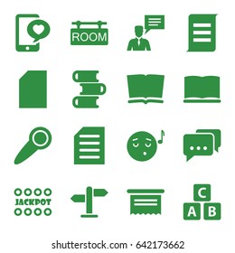 Text icons set. set of 16 text filled icons such as abc cube, jackpot, emoji listening music, phone with heart, man with chat bubblle, document, book, room tag, door knob