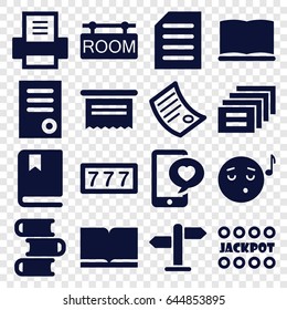 Text icons set. set of 16 text filled icons such as 7 number, jackpot, document, emoji listening music, phone with heart, book, room tag, printer, direction