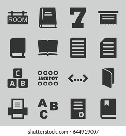 Text icons set. set of 16 text filled icons such as abc cube, 7 number, jackpot, document, room tag, book, printer, abc
