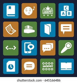 Text icons set. set of 16 text filled icons such as abc cube, jackpot, emoji listening music, phone with heart, documents box, chat, door knob, document, book, message