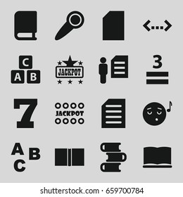 Text icons set. set of 16 text filled icons such as abc cube, 7 number, jackpot, emoji listening music, 3 allowed, document, book, door knob, man and document, abc, paper