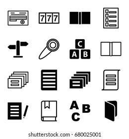 Text icons set. set of 16 text filled and outline icons such as abc cube, document, book, direction, message, 7 number, door knob