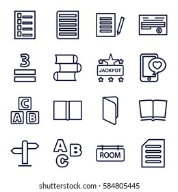 text icons set. Set of 16 text outline icons such as ABC cube, document, Jackpot, 3 allowed, phone with heart, room tag, book, direction