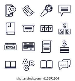 Text icons set. set of 16 text outline icons such as ABC cube, 7 number, 3 allowed, document, phone with heart, book, room tag, door knob, ABC, chat