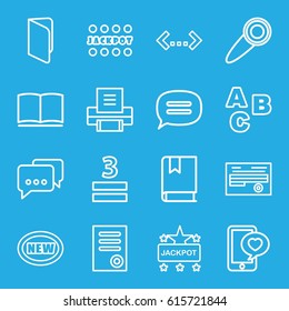 Text icons set. set of 16 text outline icons such as Jackpot, document, 3 allowed, phone with heart, book, chat, printer, door knob, new, ABC, quotation