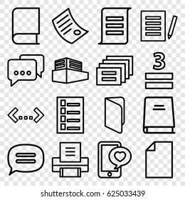 Text icons set. set of 16 text outline icons such as document, 3 allowed, phone with heart, documents box, chat, book, printer, paper, quotation
